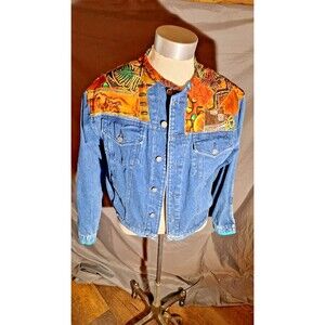 Vintage Express Denim Jean‎ Jacket Med Blue Button Up Coat Colorful  Womens